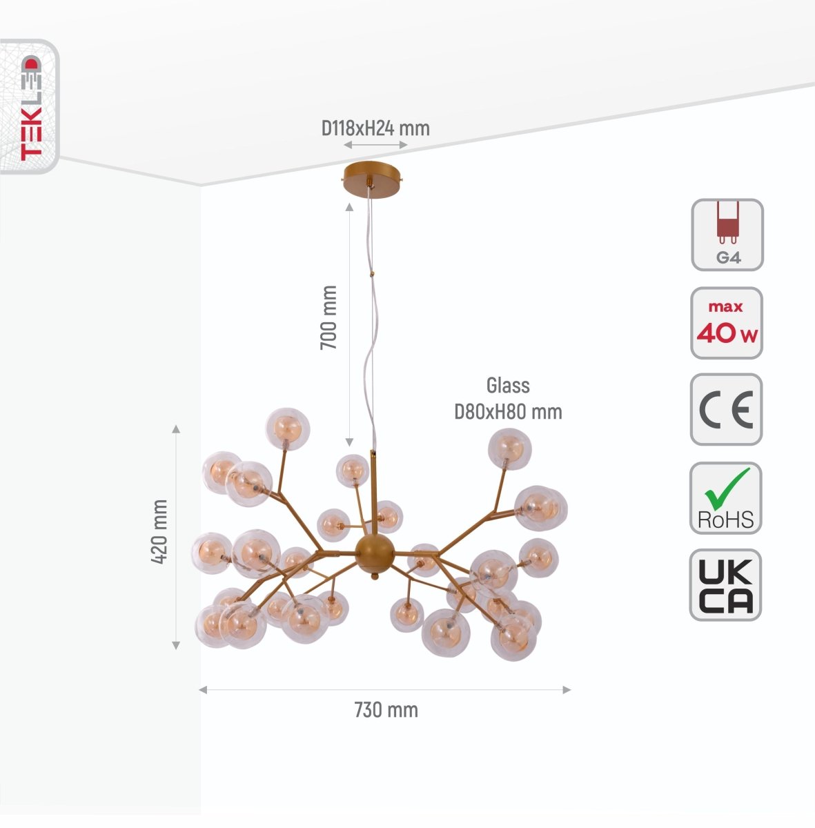Size and specs of Neuron Model Gold and Amber Chandelier with 27xG4 Fittings | TEKLED 158-19616
