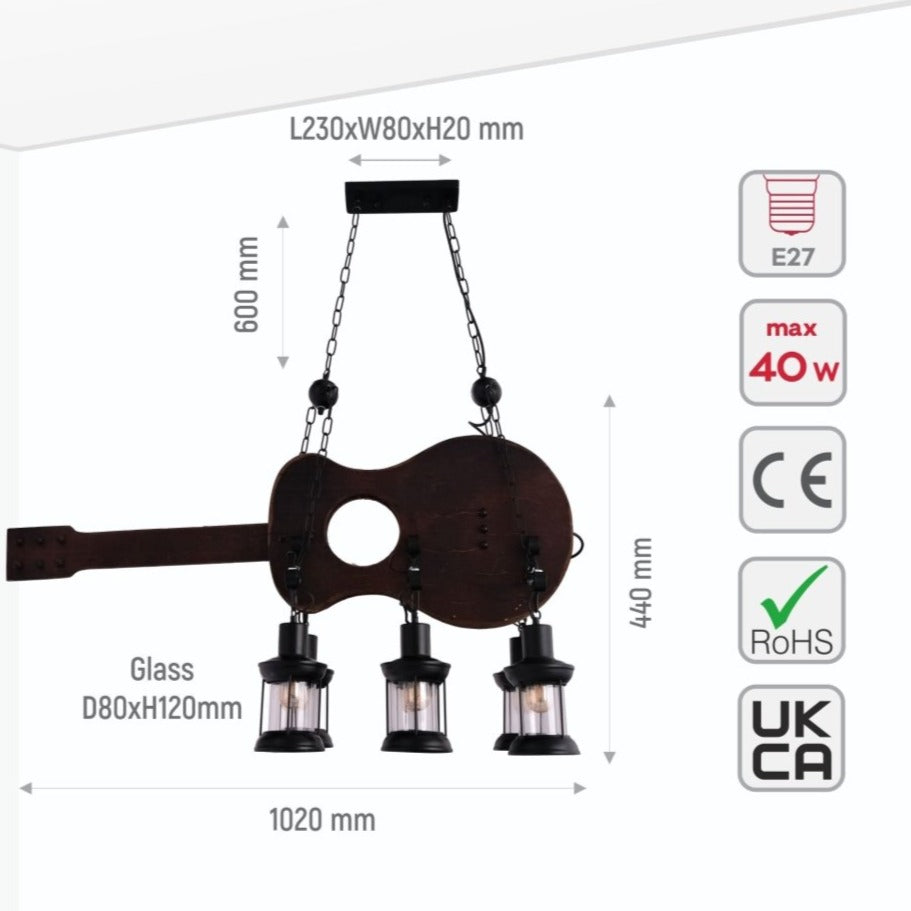 Size and specs of Old Wood Guitar 6 Lamps island Chandelier with E27 Fitting | TEKLED 158-17872