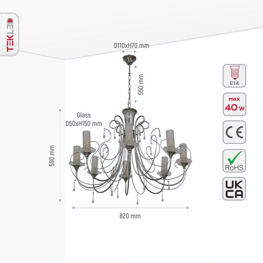 Size and specs of Opal Cylinder Glass Chrome Metal 8 Arm Chandelier with 8xE14 Fitting | TEKLED 158-17818