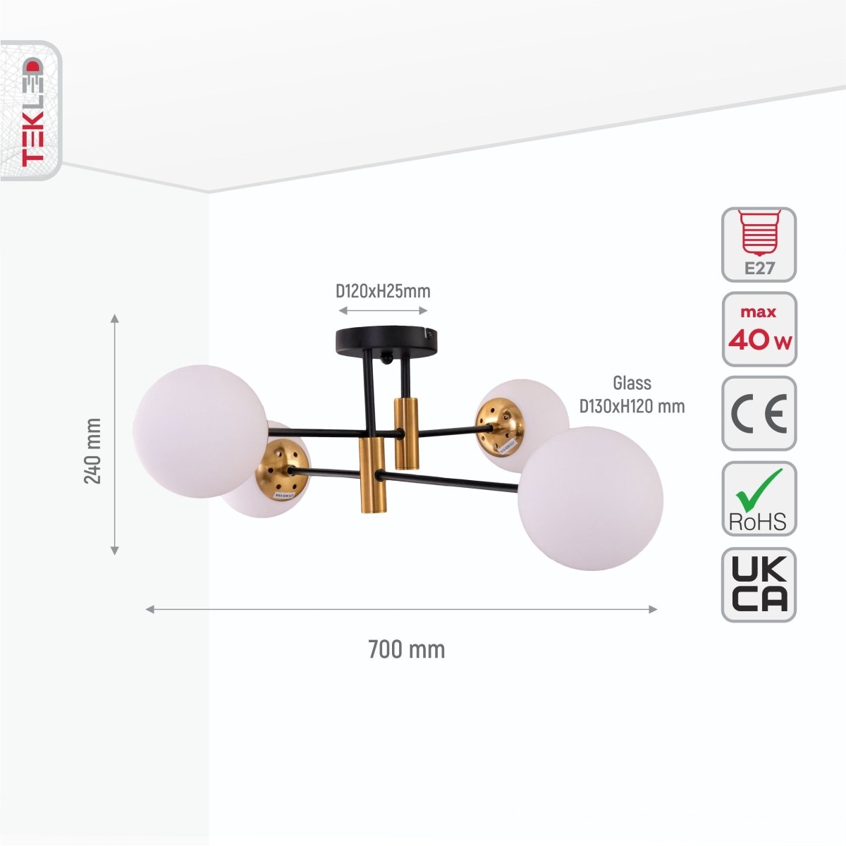 Size and specs of Opal Glass Globe Gold and Black Metal Semi Flush Ceiling Light with 4xE27 Fitting | TEKLED 159-17434