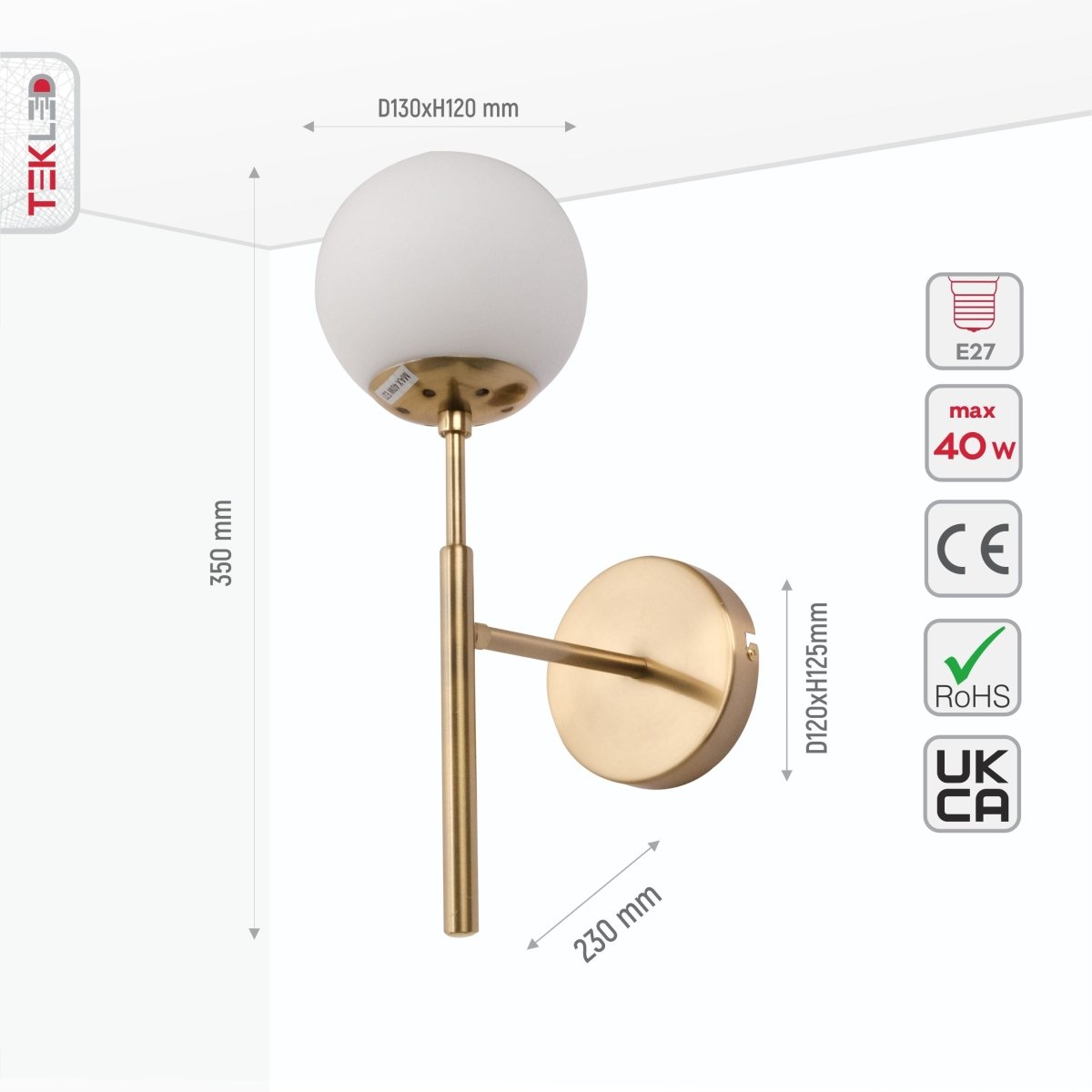 Size and specs of Opal Glass Gold Metal Wall Light with E27 Fitting | TEKLED 151-19720