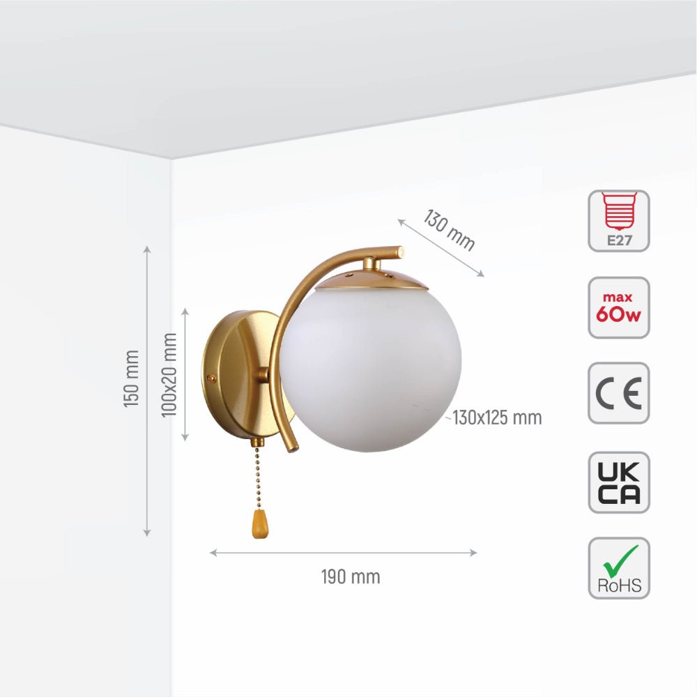 Size and specs of Opal Globe Glass Gold Metal Arc Body Vintage Retro Wall Light with Pull Down Switch E27 Fitting | TEKLED 151-19786