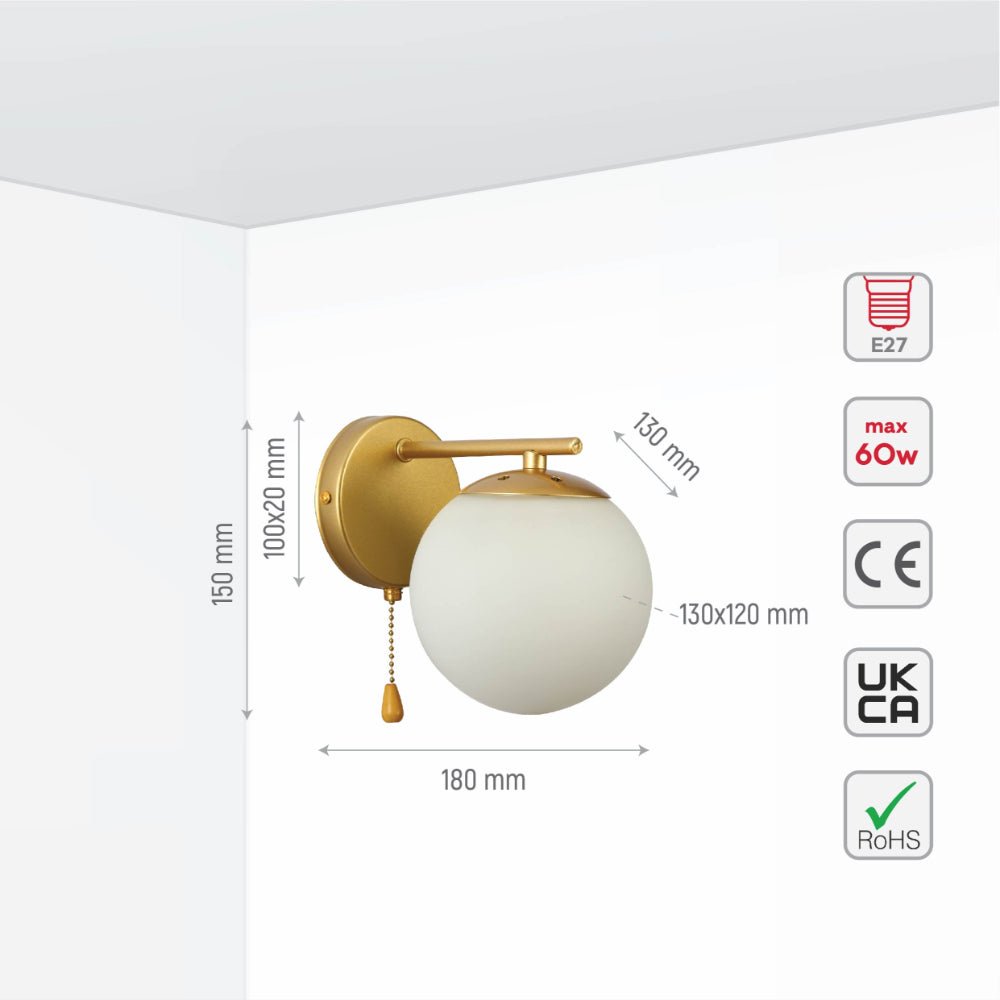 Size and specs of Opal Globe Glass Gold Metal Body Vintage Retro Wall Light with Pull Down Switch E27 Fitting | TEKLED 151-19780