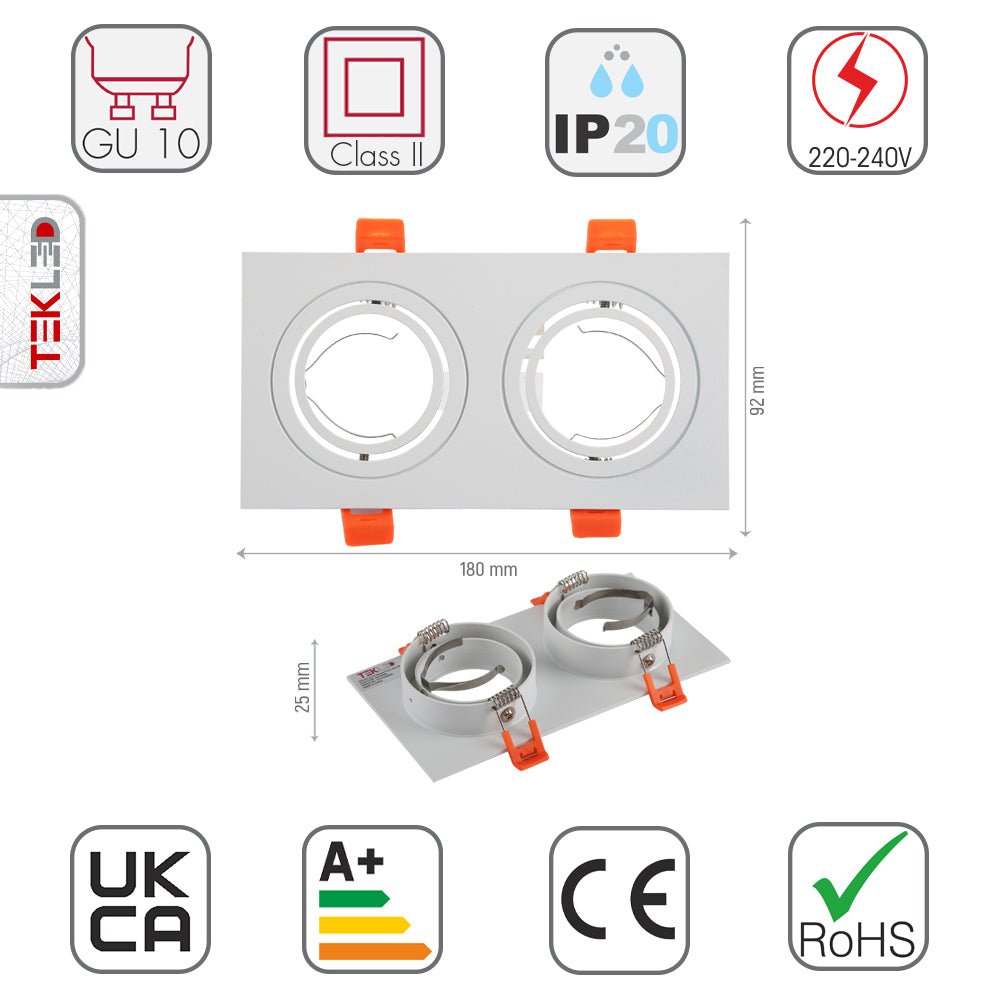 Size and specs of Rectangle Recessed Tilt Downlight White with 2xGU10 Fitting | TEKLED 165-03886