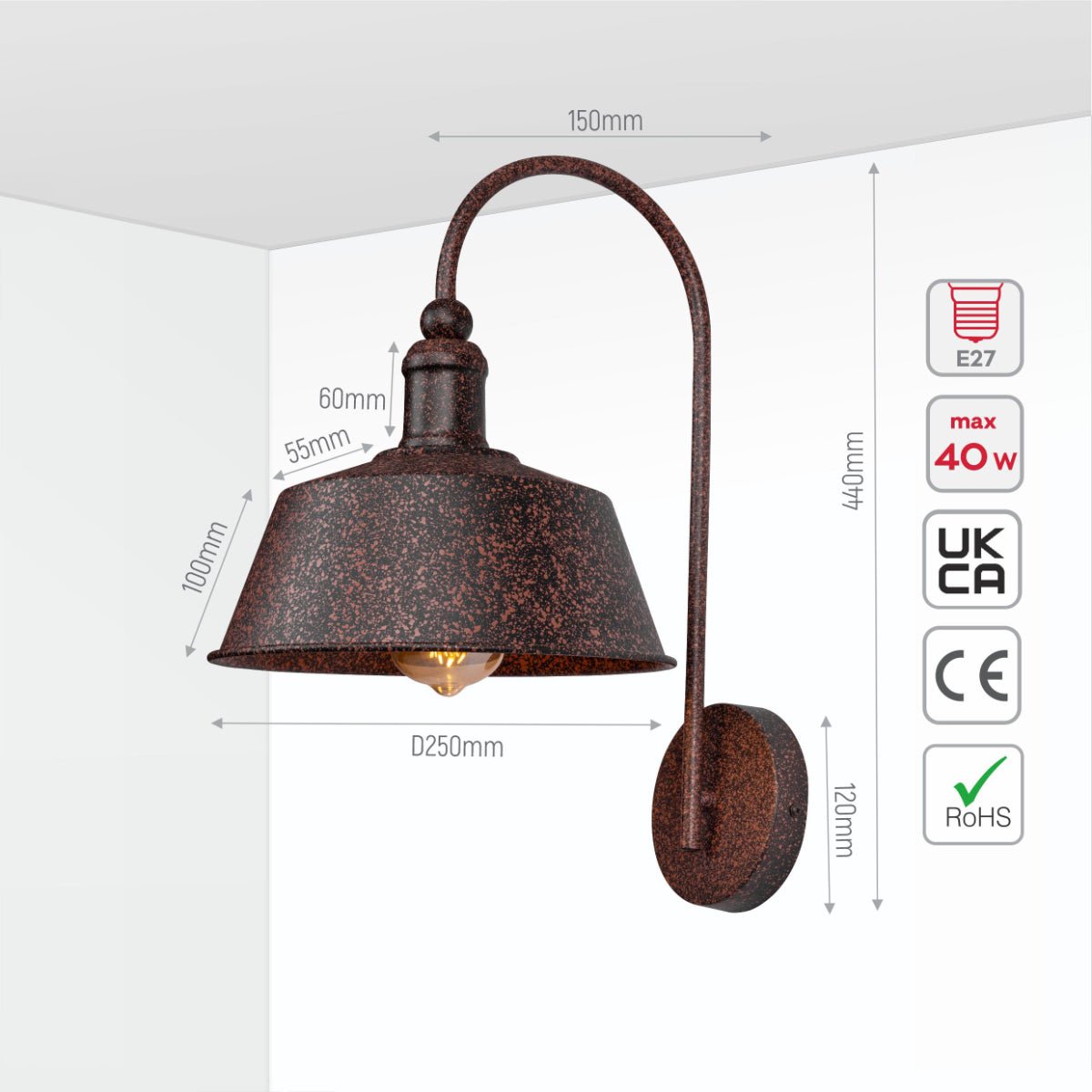 Size and specs of Rusty Brown Metal Step Downward Industrial Retro Wall Light with E27 Fitting | TEKLED 151-19588