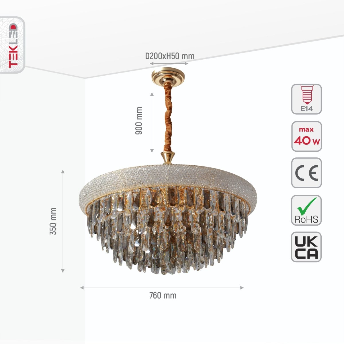 Size and specs of S-Gold Antique Brass Metal and Crystal Chandelier D800 with 15xE14 Fitting | TEKLED 158-19864