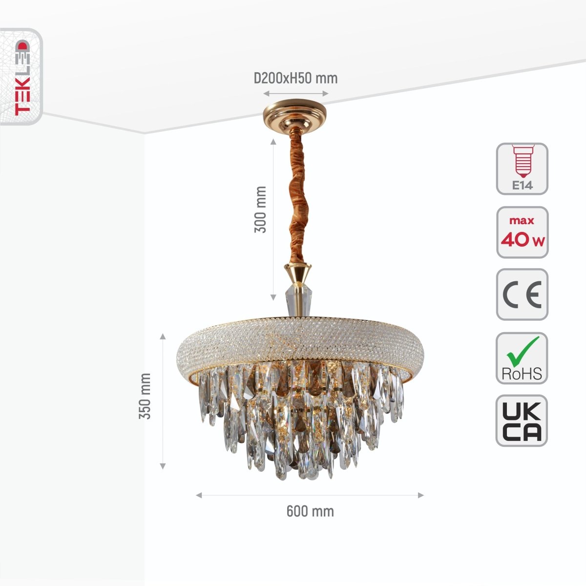 Size and specs of S-Gold Metal Crystal Chandelier D600 with 11xE14 Fitting | TEKLED 158-19862