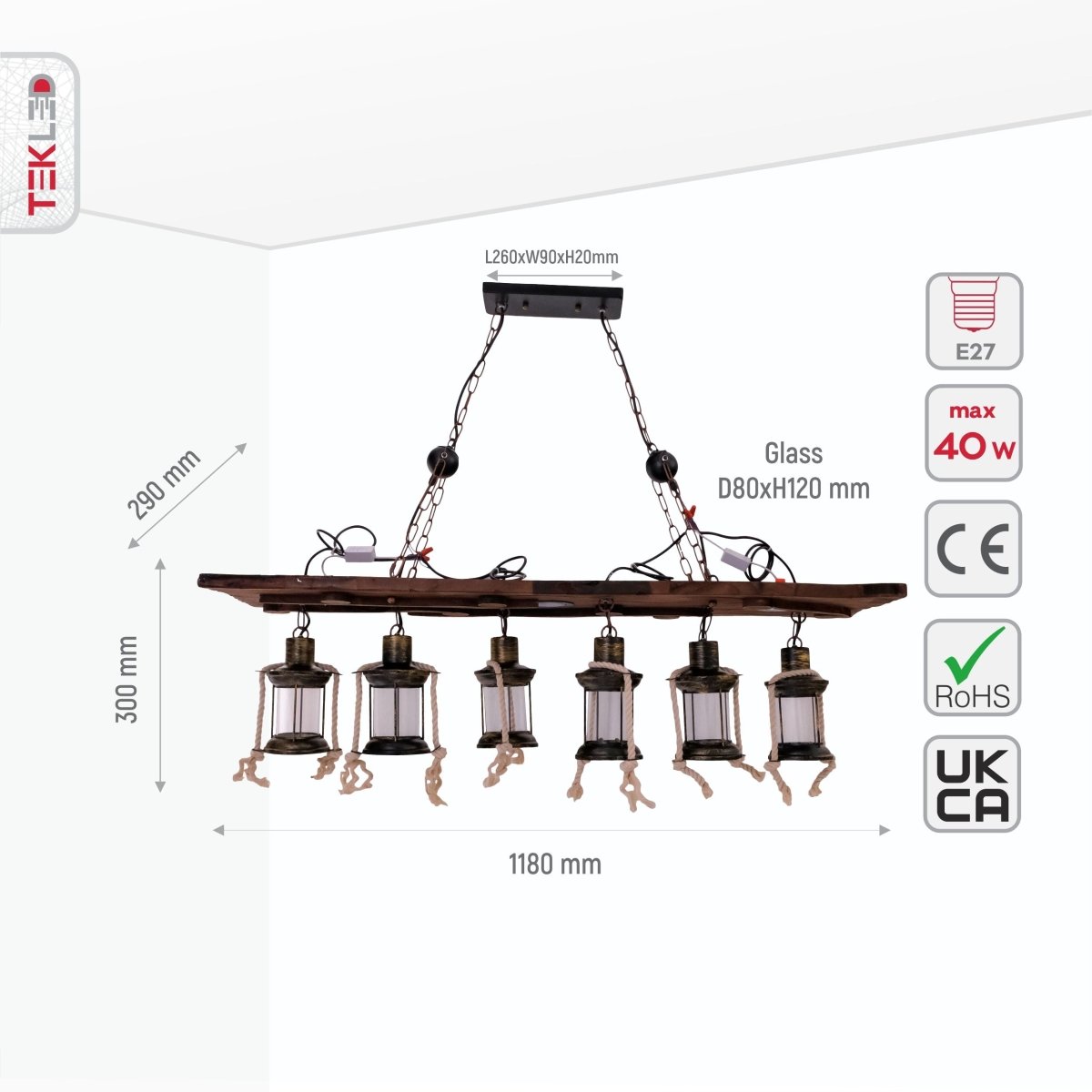 Size and specs of Sailor Wood Board Marine Island Chandelier with 6xE27 Lamp and 3 LED Light | TEKLED 150-18101