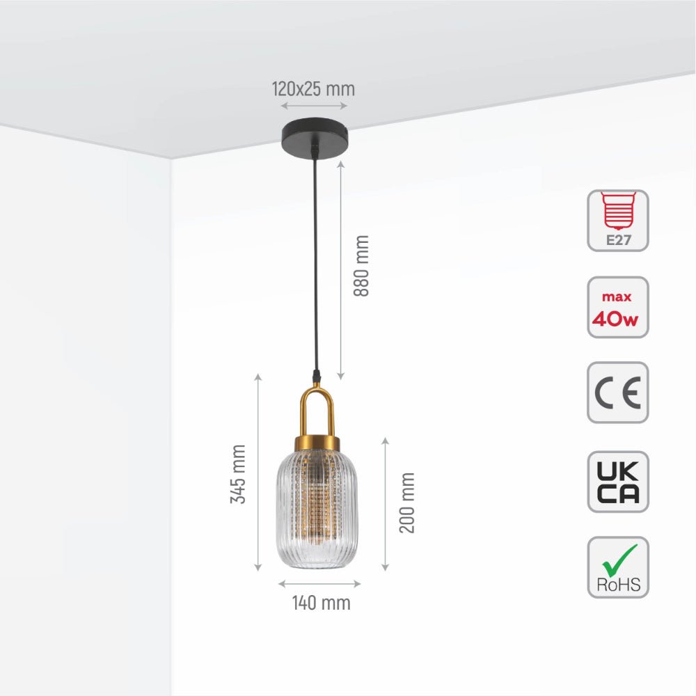 Size and specs of Sawyer Ribbed Fluted Reeded Maloto Lantern Clear Glass Pendant Ceiling Light E27 Gold Handled | TEKLED 150-18700