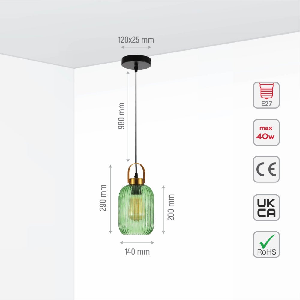 Size and specs of Sawyer Ribbed Fluted Reeded Maloto Lantern Green Glass Pendant Ceiling Light E27 Gold Handled | TEKLED 150-18704