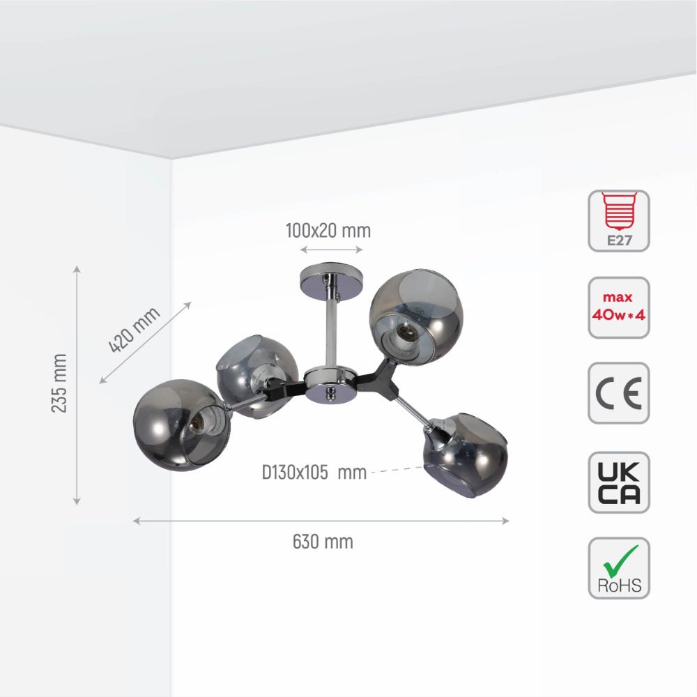 Size and specs of Smoky Barrel Glass Chrome Metal Body Sputnik Modern Ceiling Light with E27 Fittings | TEKLED 159-17692