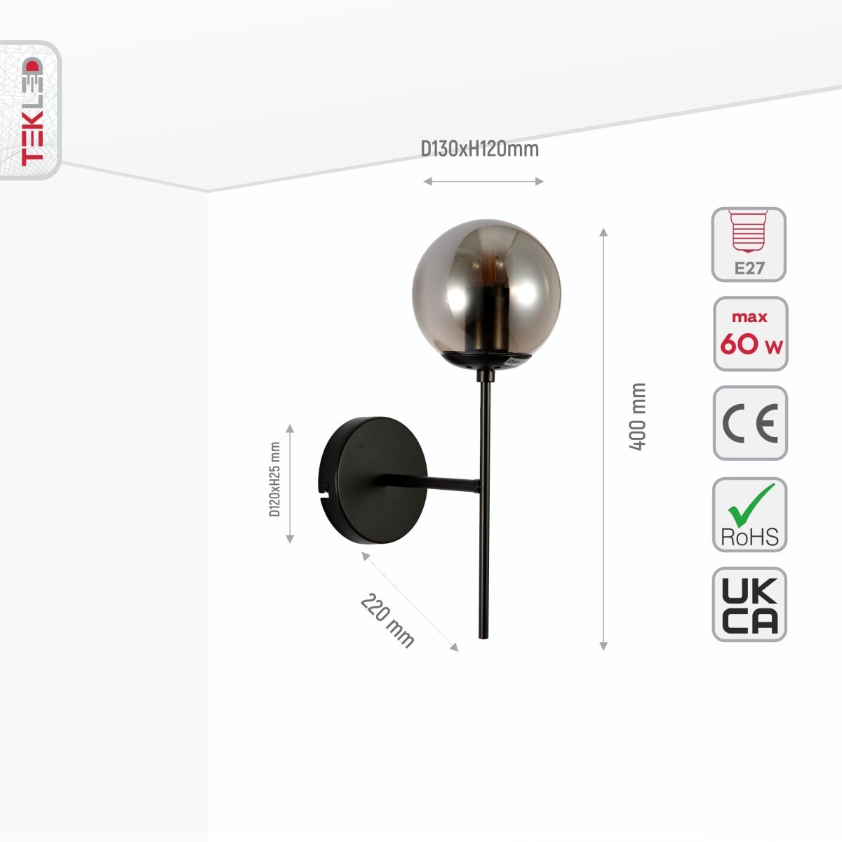 Size and specs of Smoky Glass Black Metal Wall Light with E27 Fitting | TEKLED 151-19712