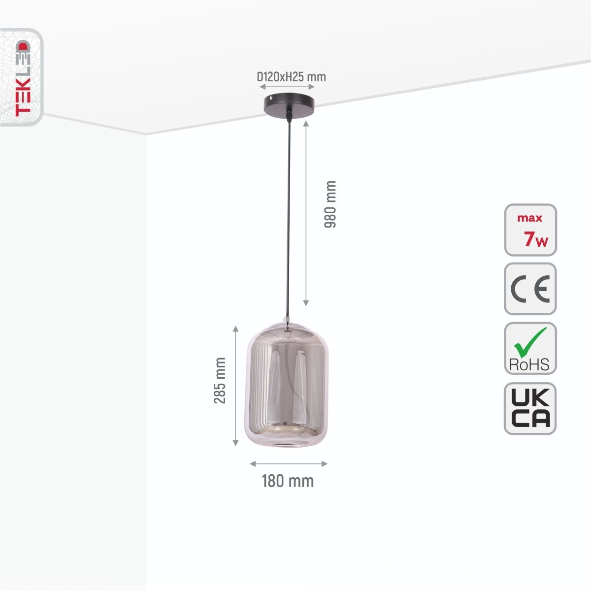 Size and specs of Smoky Glass Cylinder Pendant Light with G9 Fitting | TEKLED 159-17332