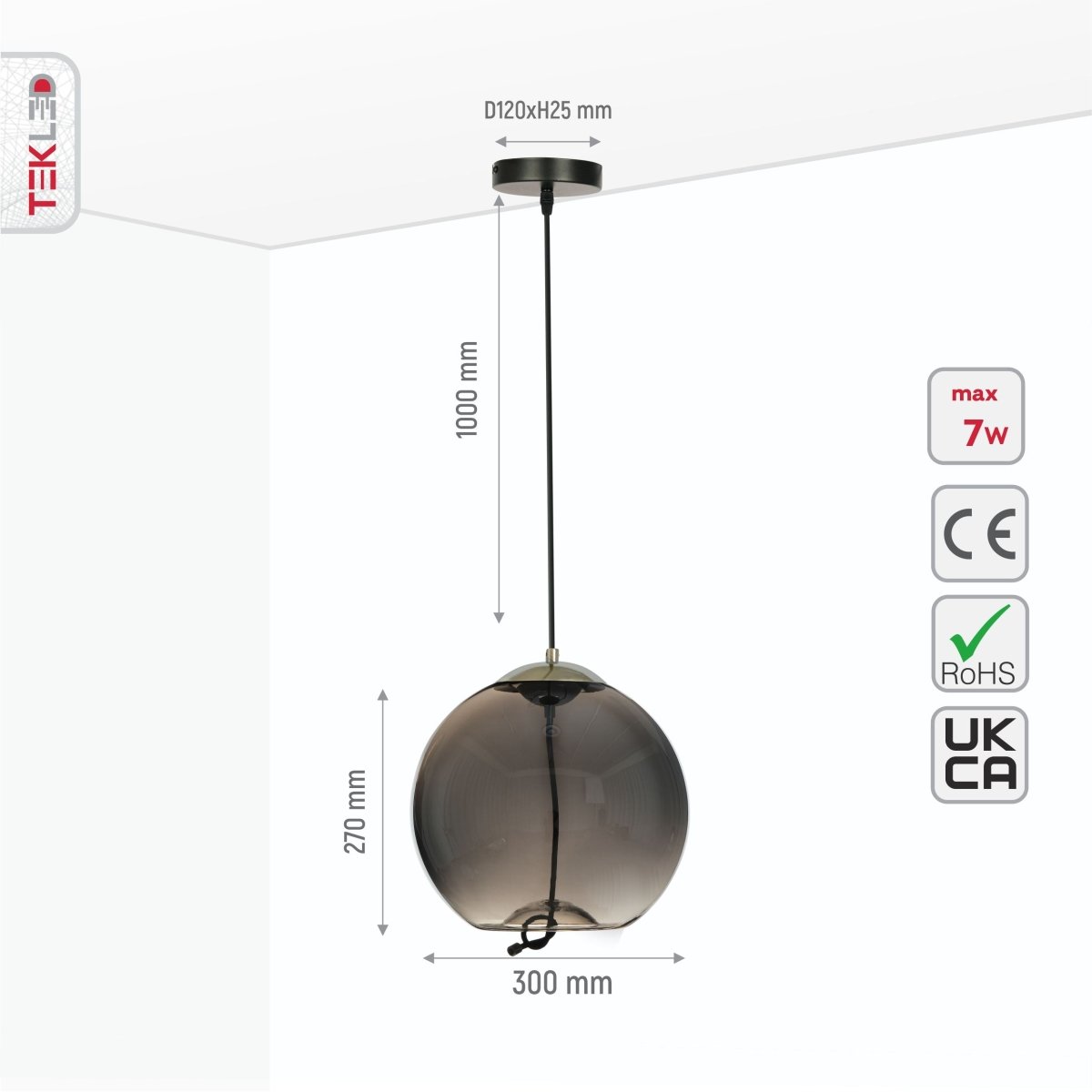 Size and specs of Smoky Glass Globe Pendant Light with G9 Fitting | TEKLED 159-17334