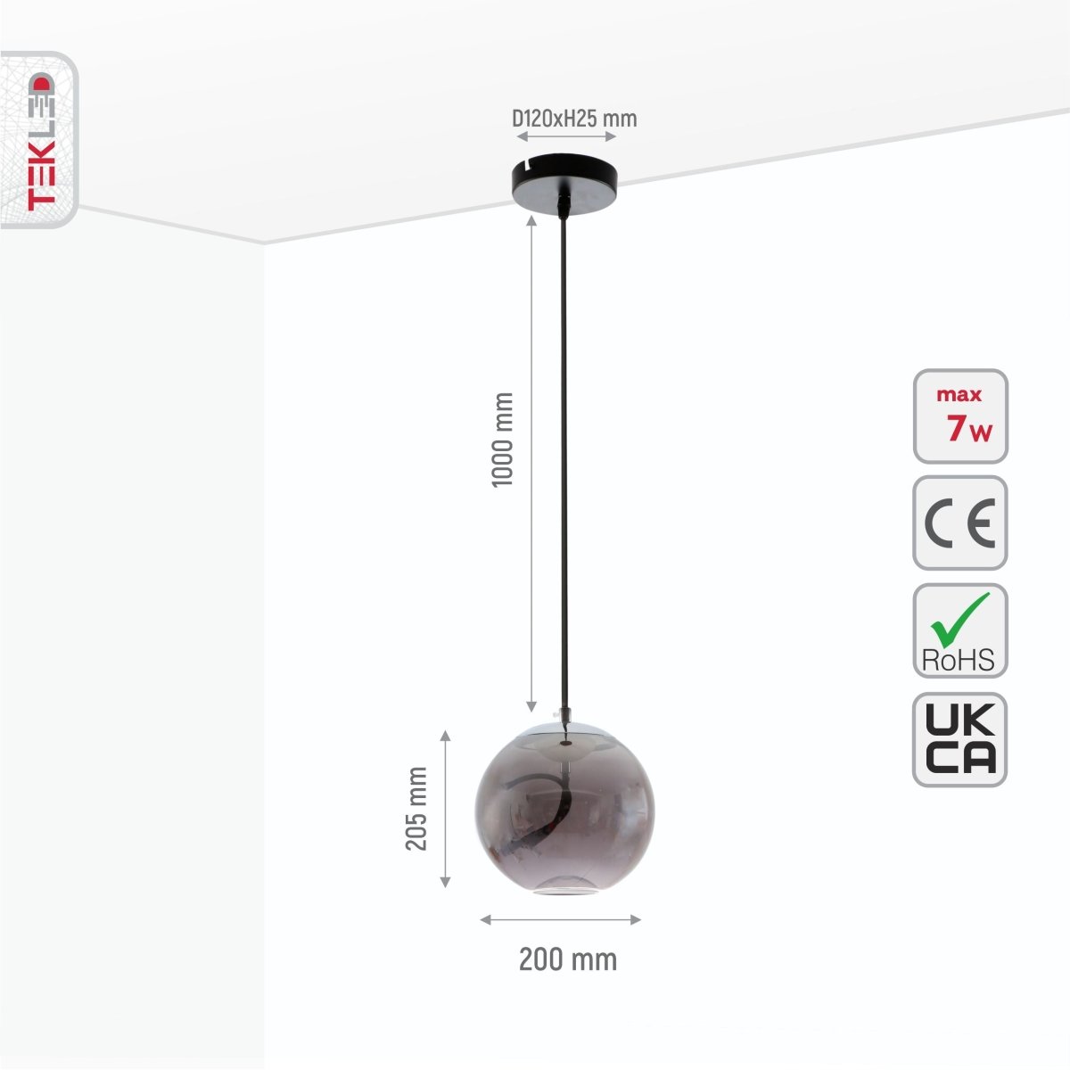Size and specs of Smoky Glass Globe Pendant Light S with Built-in LED 4.5W | TEKLED 159-17336