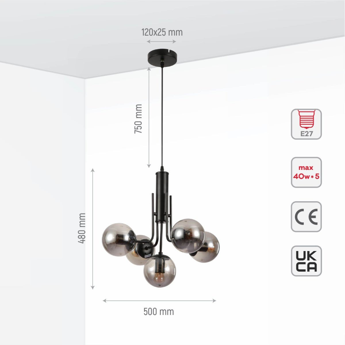 Size and specs of Smoky Globe Glass Black Body Pendant Chandelier Ceiling Light with 5xE27s | TEKLED 159-17412