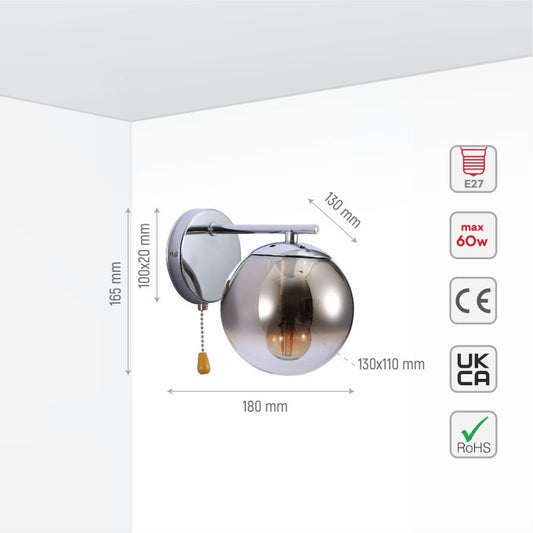 Size and specs of Smoky Globe Glass Chrome Metal Body Sputnik Molecule Modern Wall Light with Pull Down Switch E27 Fitting | TEKLED 151-19792