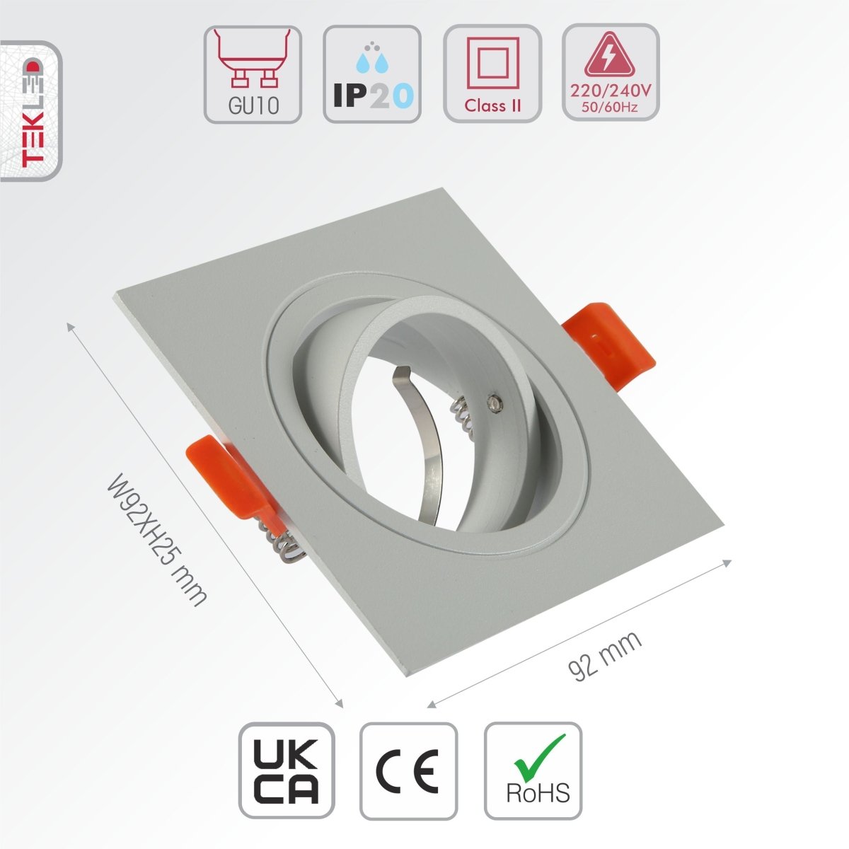 Size and specs of Square Recessed Tilt Downlight White with GU10 Fitting | TEKLED 165-03884
