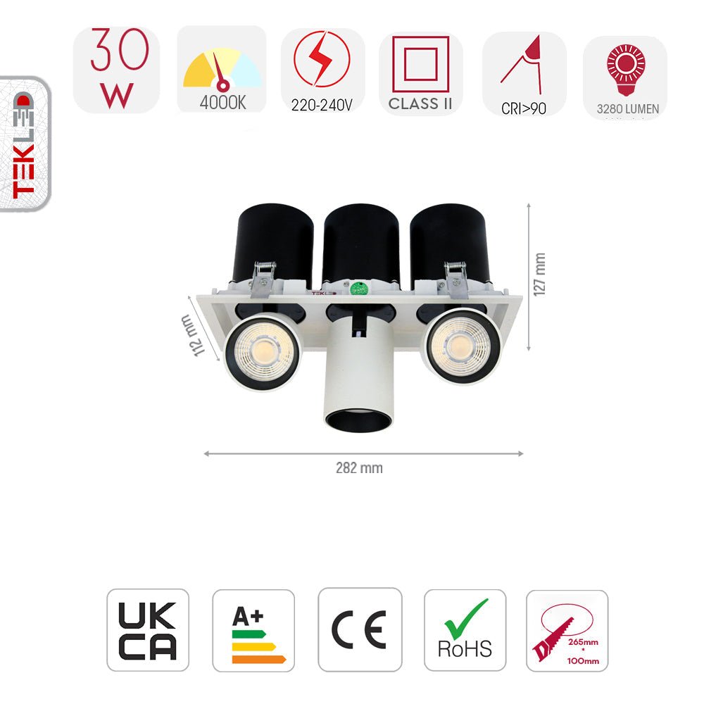 Size and specs of Telescopic Swivel Adjustable In-Out LED Downlight 3X10W Cool White 4000K White | TEKLED 165-03946