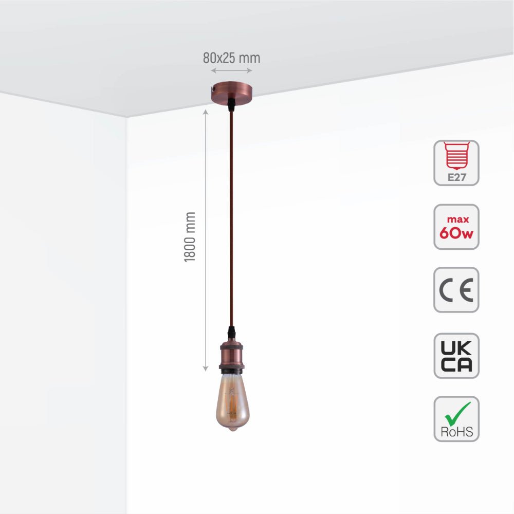 Size and specs of Vintage Industrial Retro Basic Pendant Ceiling Light E27 Antique Red Bronze Gold Nickel   | TEKLED 150-19008