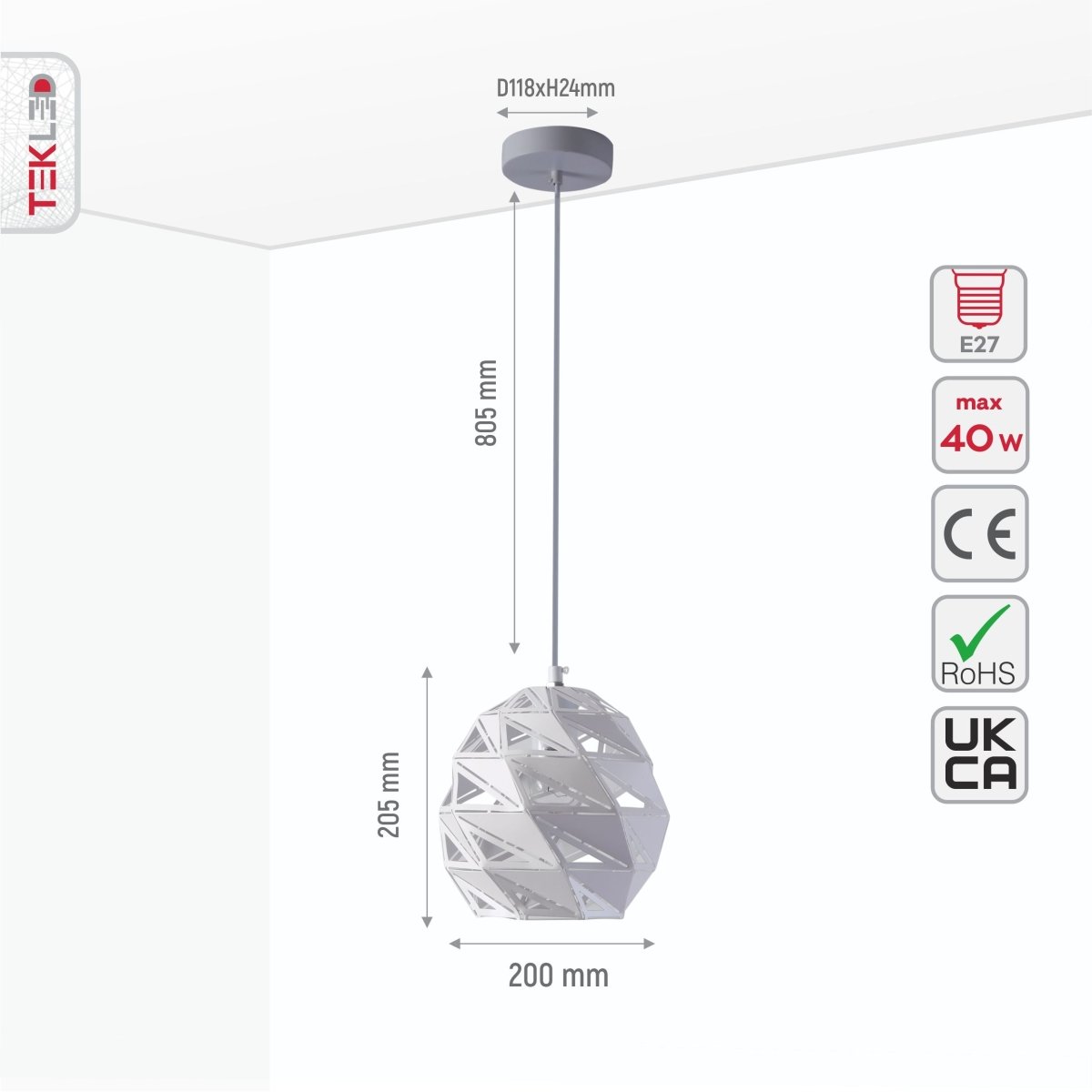 Size and specs of White Metal Laser Cut Globe Pendant Light Small with E27 Fitting | TEKLED 150-18269