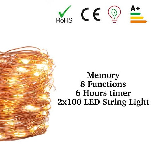 Close up and certifications of Mensa 2 Sets of Micro-LED 100 LEDs 10m with Battery Pack & Remote Control Warm White LED String Fairy Light