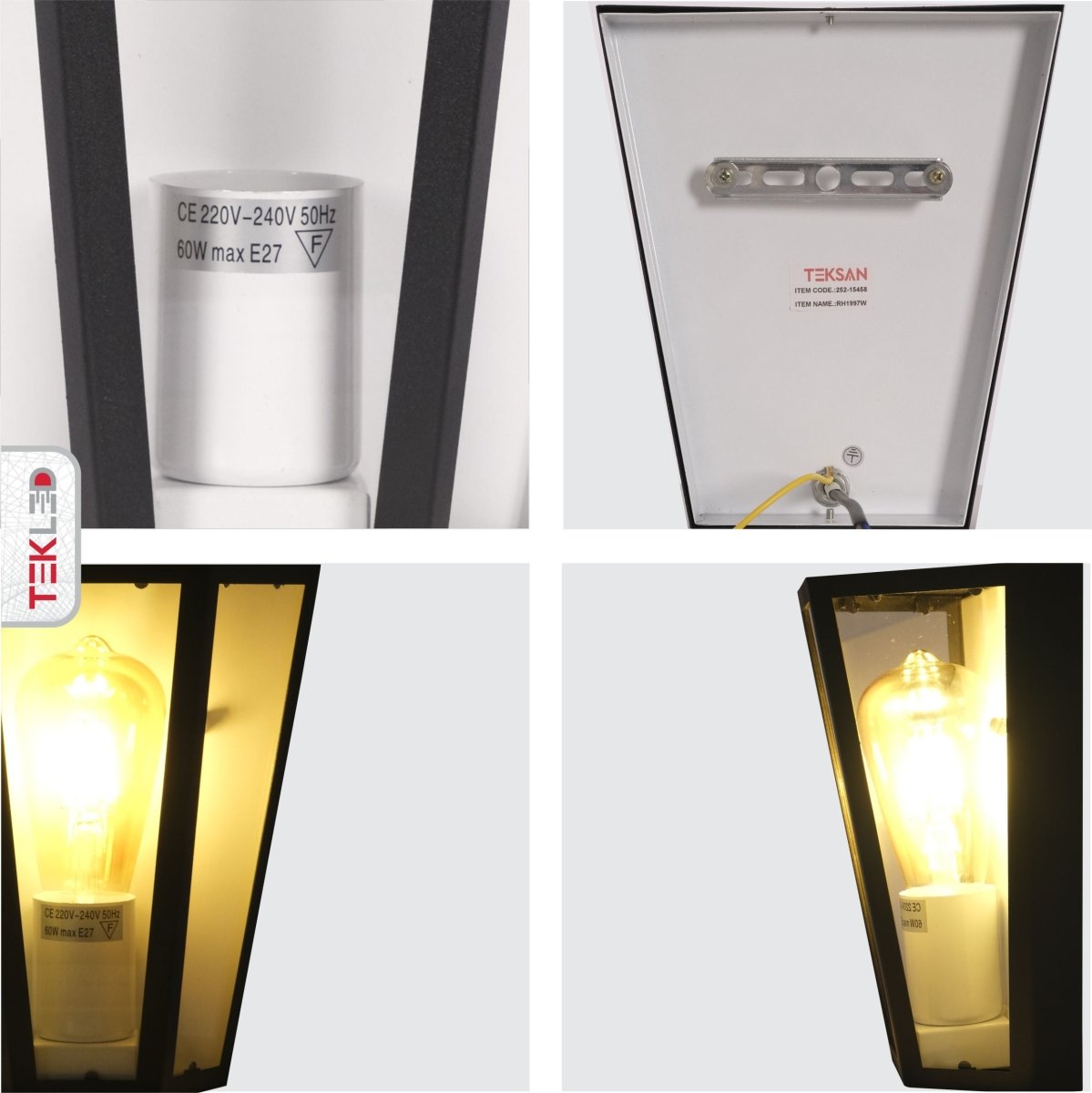Detailed images of Modern Lantern Trapezium Cuboid Wall Lamp Upward Base Matt Black&White Clear Glass E27
