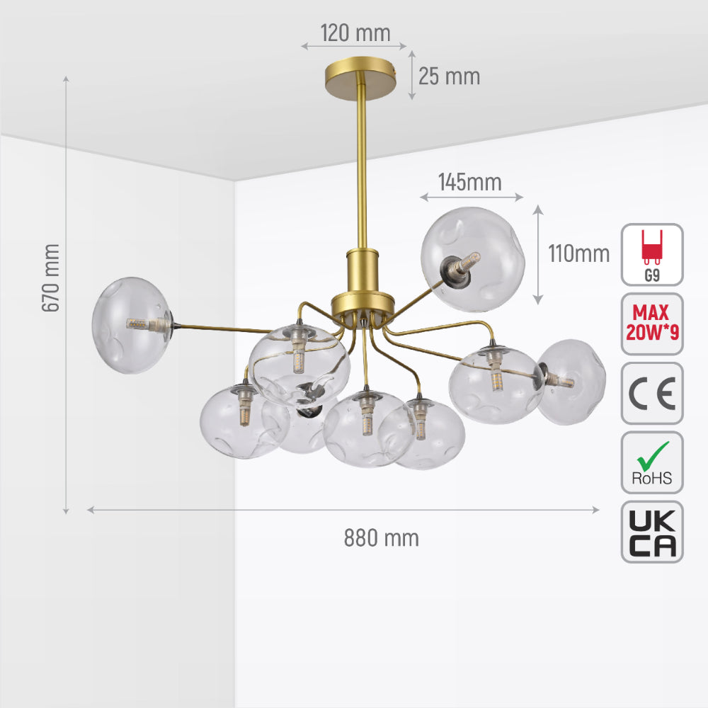 Close up of Multi-Arm Dimpled Globe Ceiling Light Elegant Gold | TEKLED 158-19702