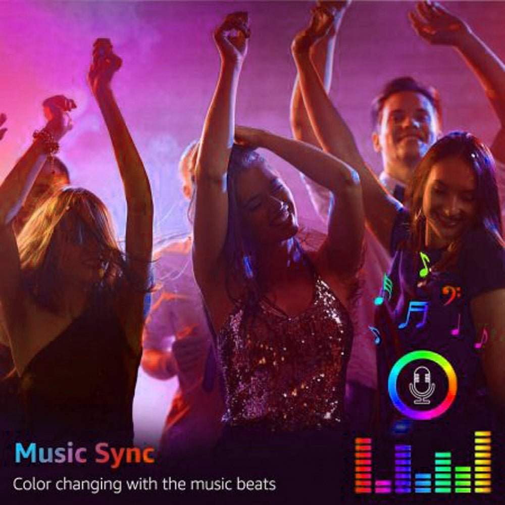 Illustrative music sync feature of Holiday 5m Smart RGB LED Strip Light 150 LEDs SMD5050 DC12V IP20 25W 2A Adaptor Wi-Fi Alexa Google Assistant Music with Remote controler