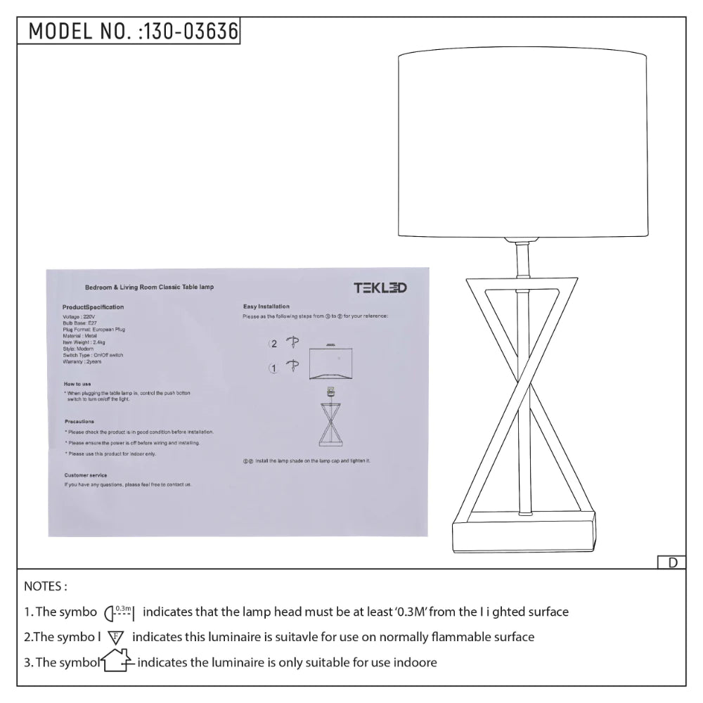 User manual for Nordic Art Deco Table Lamp Black Nickel Flaxen | TEKLED 130-03636