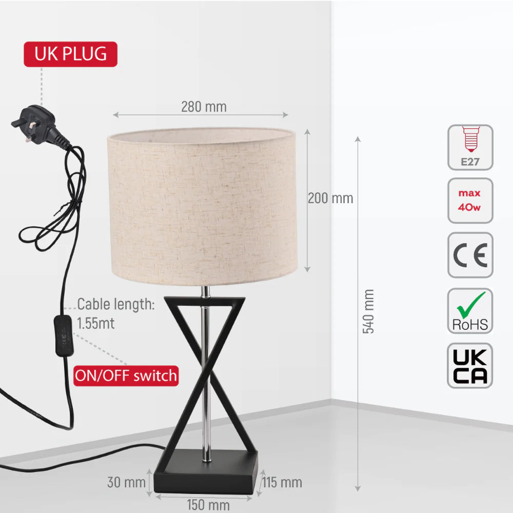 Size and tech specs of Nordic Art Deco Table Lamp Black Nickel Flaxen | TEKLED 130-03636