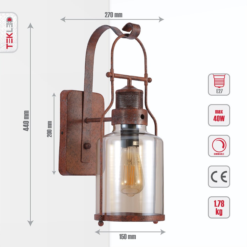 Tehcnical specifications and dimensions of Old Brown Metal Amber Glass Cylinder Wall Light with E27 Fitting