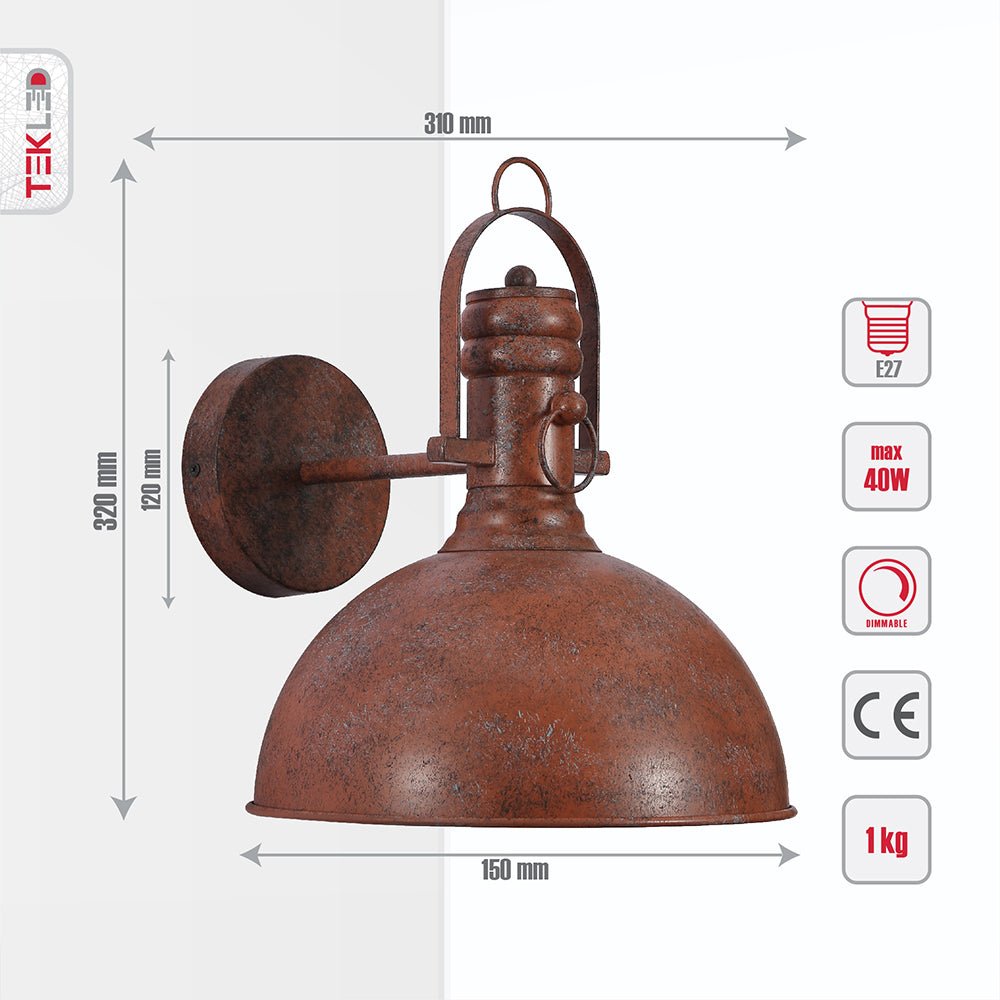 Tehcnical specifications and dimensions of Old Brown Metal Dome Wall Light with E27 Fitting