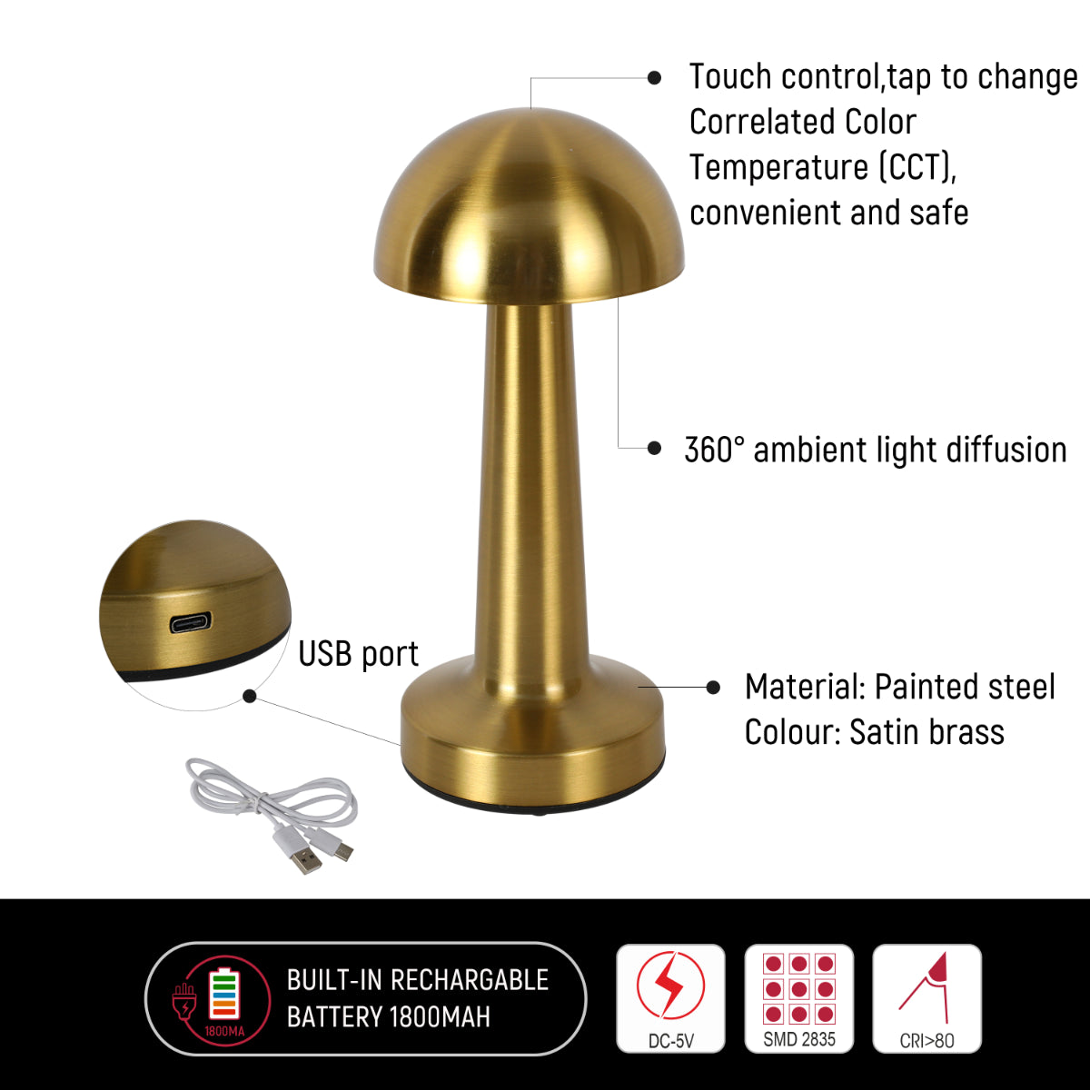 Close shots of Rechargeable Steel Mushroom Table Lamp 130-03750