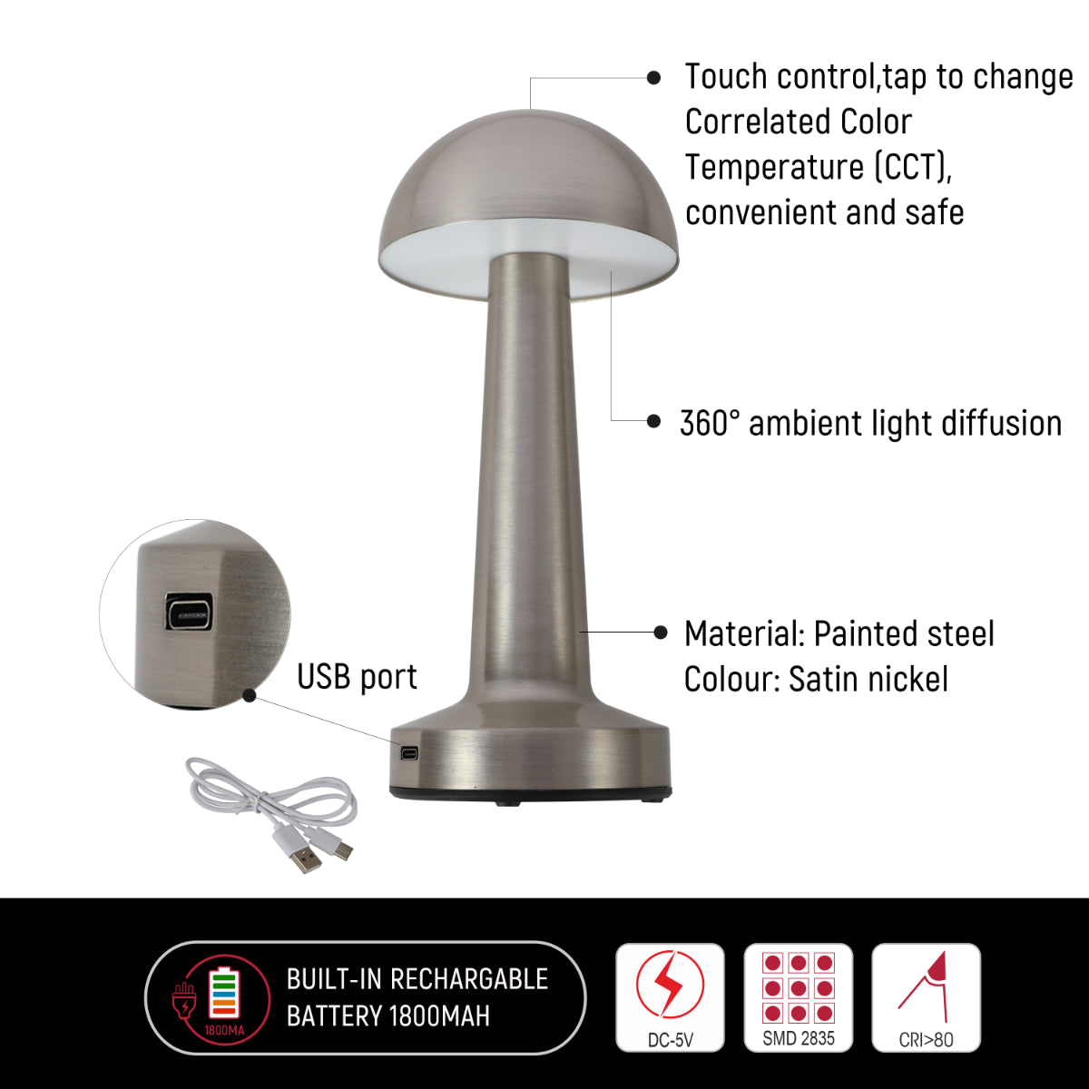Close shots of Rechargeable Steel Mushroom Table Lamp 130-03752