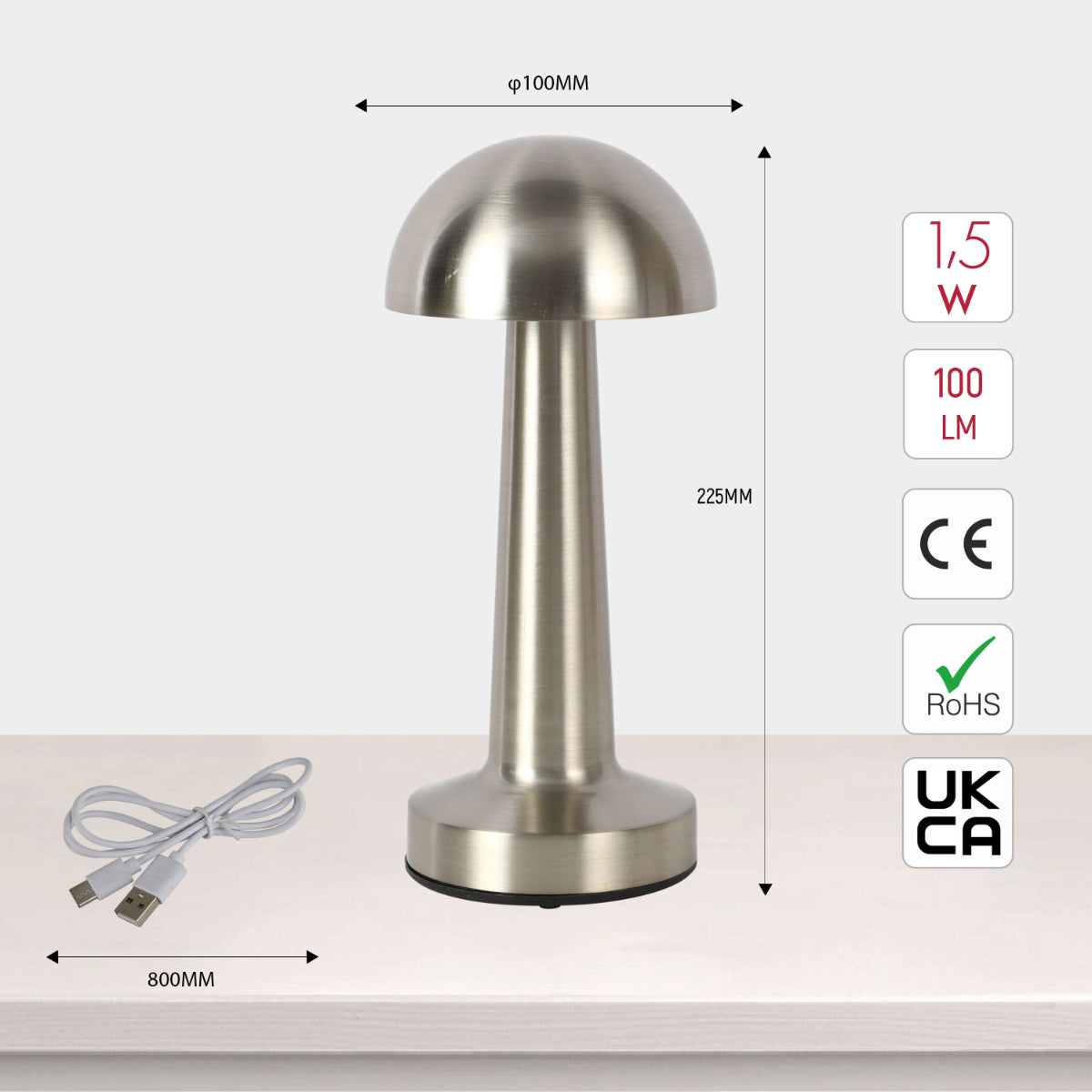 Size and certifications of Rechargeable Steel Mushroom Table Lamp 130-03752