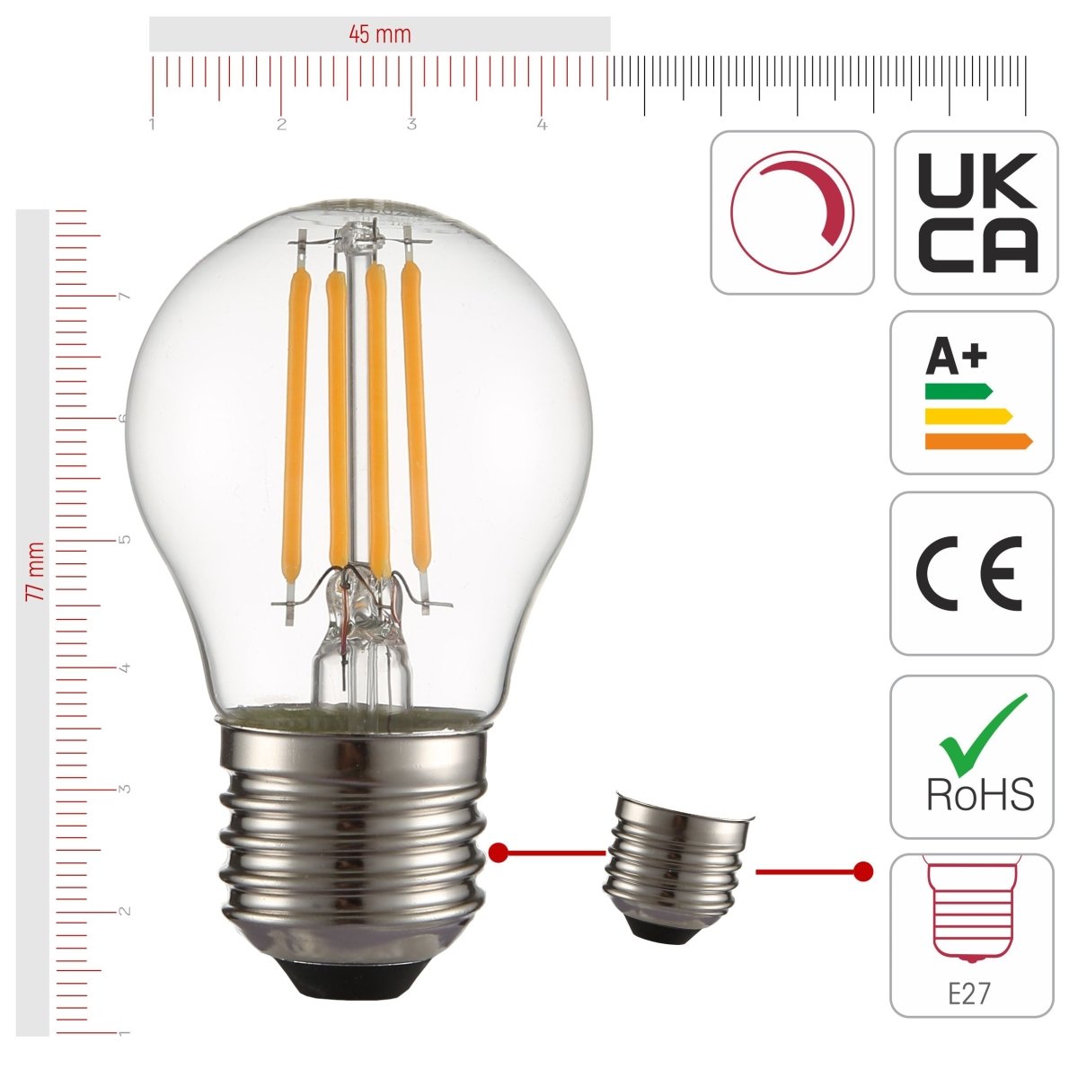 Size and certifications of LED Dimmable Filament Bulb G45 Golf Ball E27 Edison Screw 4W 470lm Warm White 2700K Clear Pack of 4 | TEKLED 583-150244
