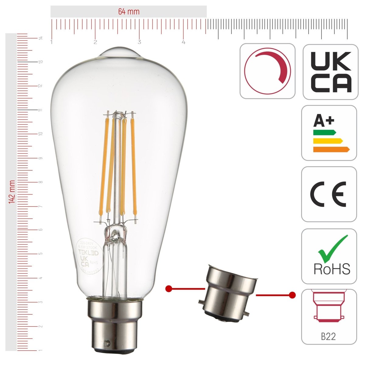 Size and certifications of LED Dimmable Filament Bulb ST64 Edison B22 Bayonet Cap 6.5W 806lm Warm White 2700K Clear Pack of 2 | TEKLED 583-150332