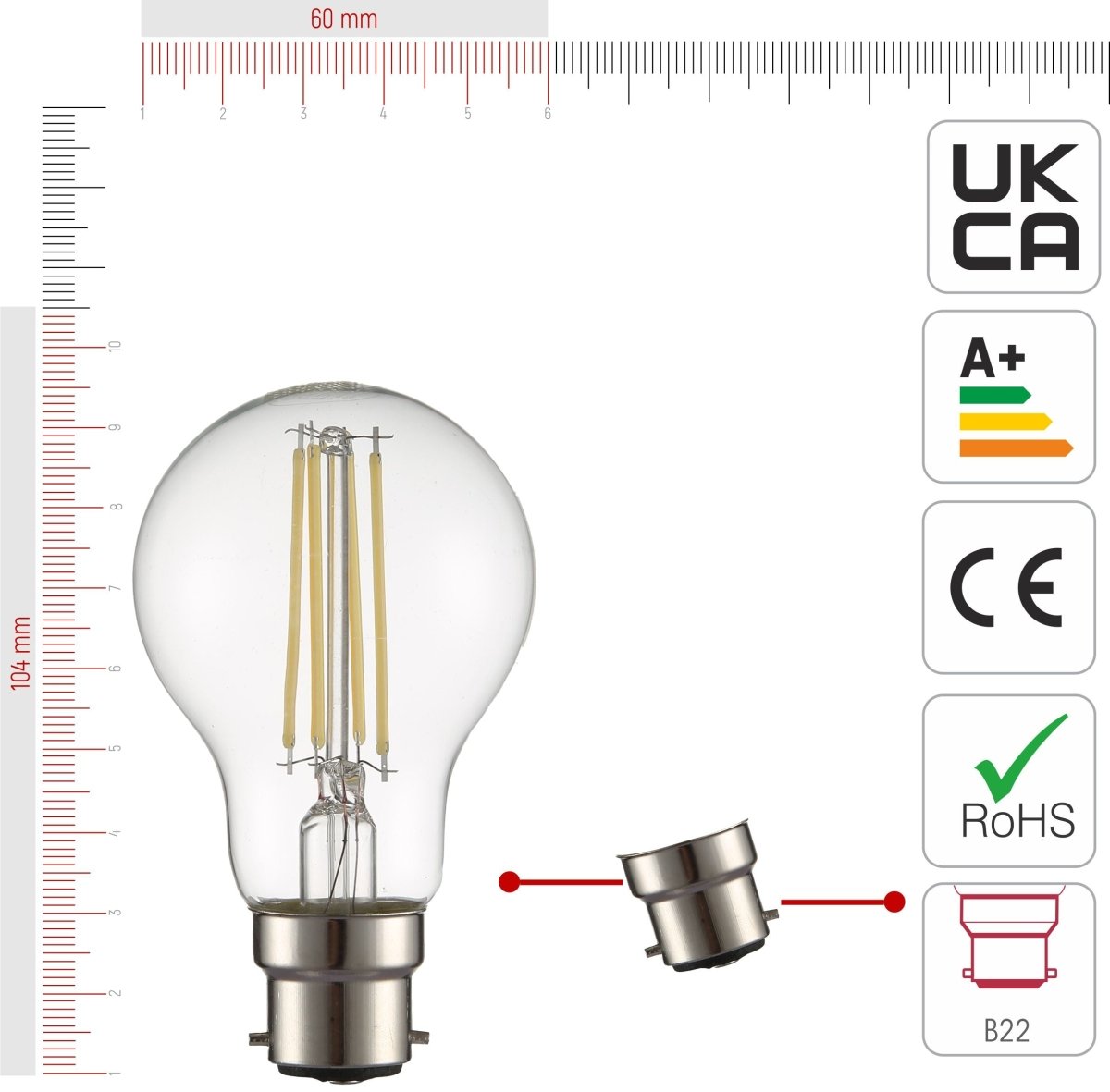 Size and certifications of LED Filament Bulb A60 GLS B22 Bayonet Cap 6.5W 806lm Cool White 4000K Clear Pack of 4 | TEKLED 583-150093