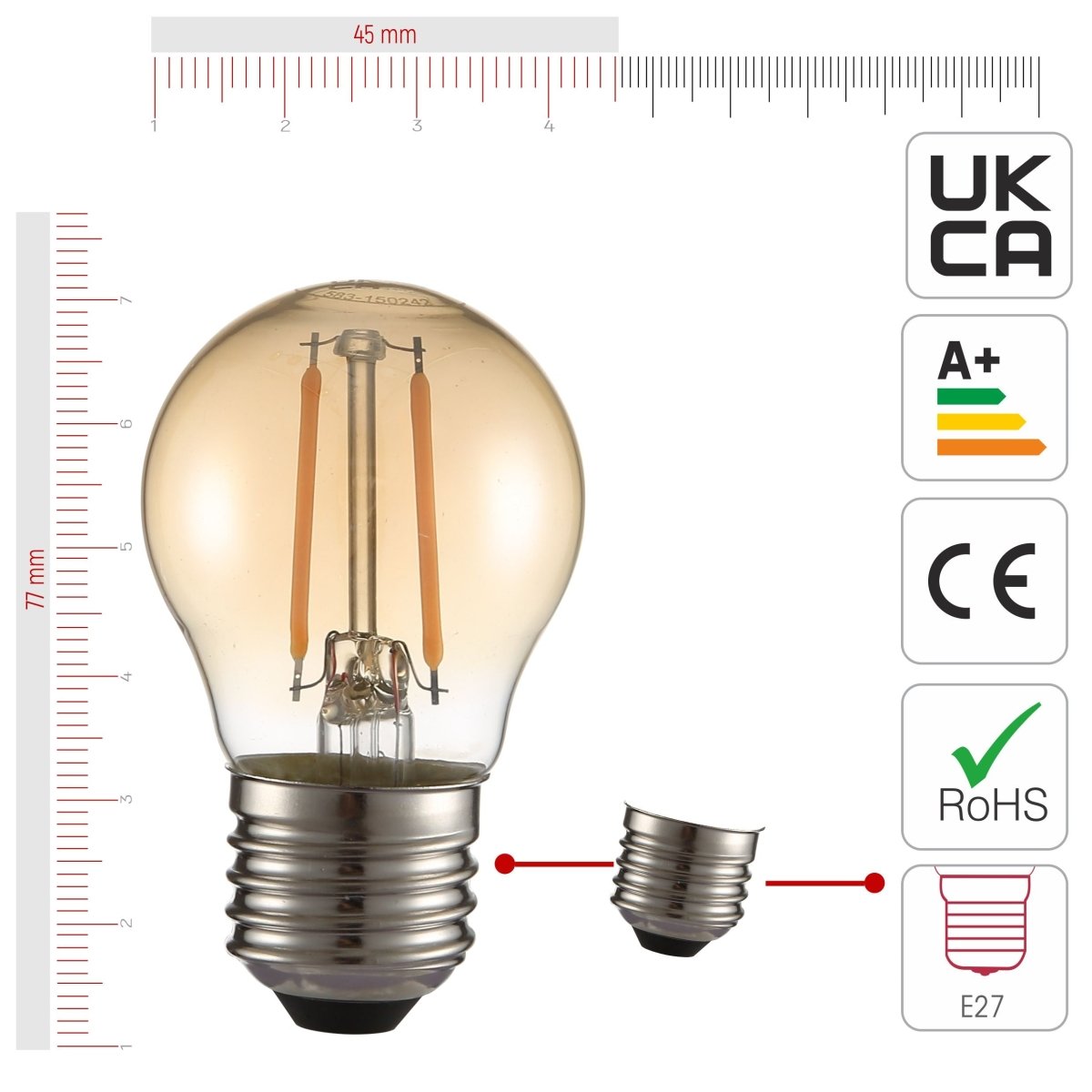 Size and certifications of LED Filament Bulb G45 Golf Ball E27 Edison Screw 2W 220lm Warm White 2400K Amber Pack of 4 | TEKLED 583-150242
