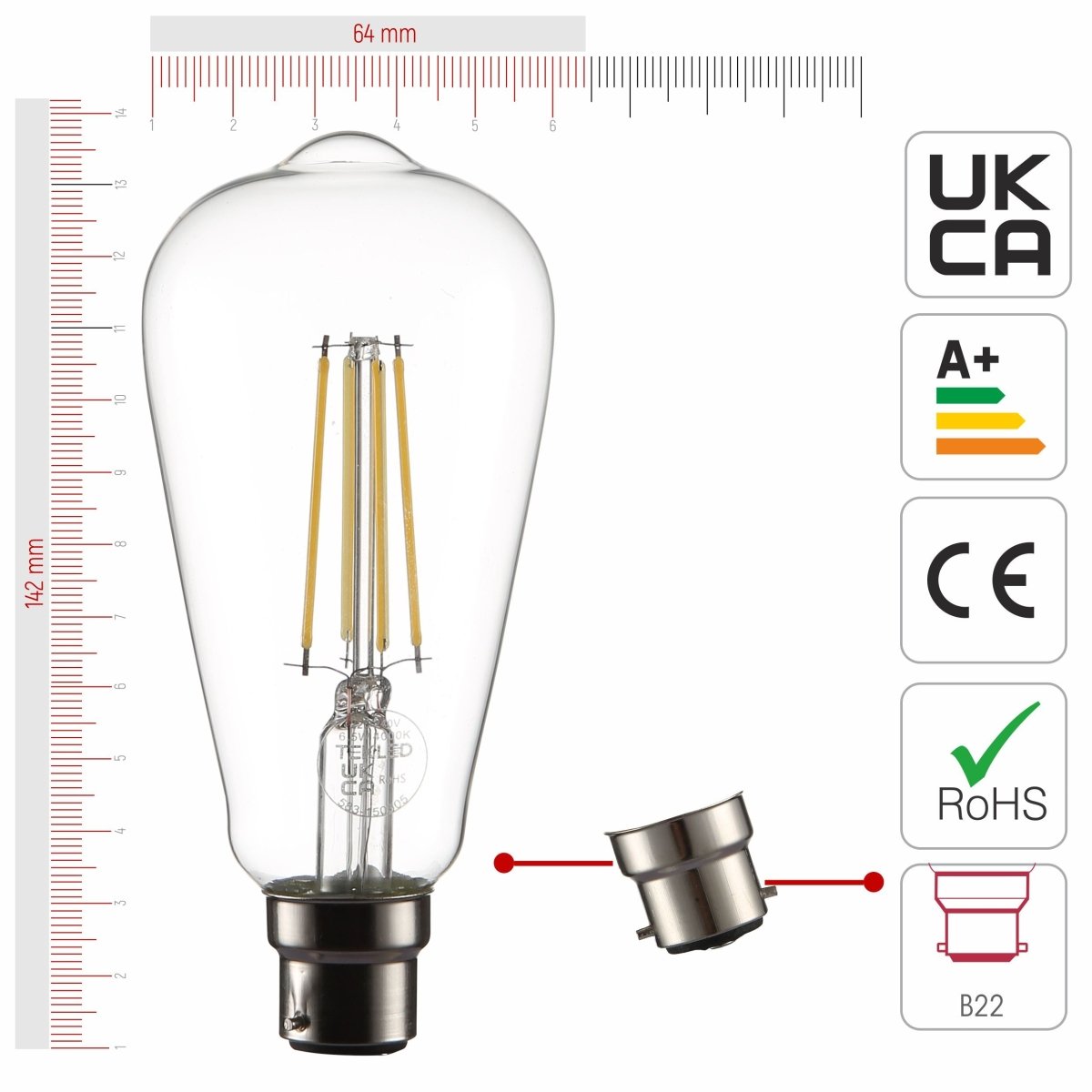 Size and certifications of LED Filament Bulb ST64 Edison B22 Bayonet Cap 6.5W 806lm Cool White 4000K Clear Pack of 4 | TEKLED 583-150305
