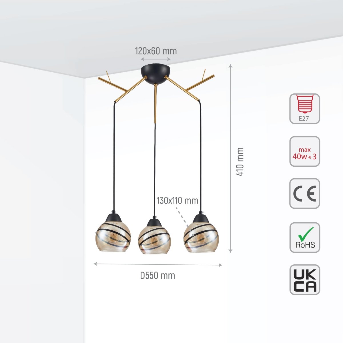 Size and tech specs of Amber Dome Glass Gold Twig Modern Ceiling Light | TEKLED 159-17594
