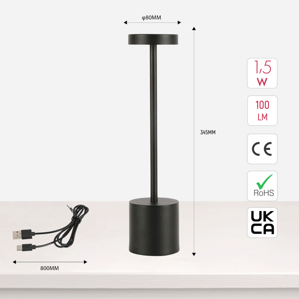 Size and certifications of Sleek Portable LED Column Lamp with CCT Control 130-03740