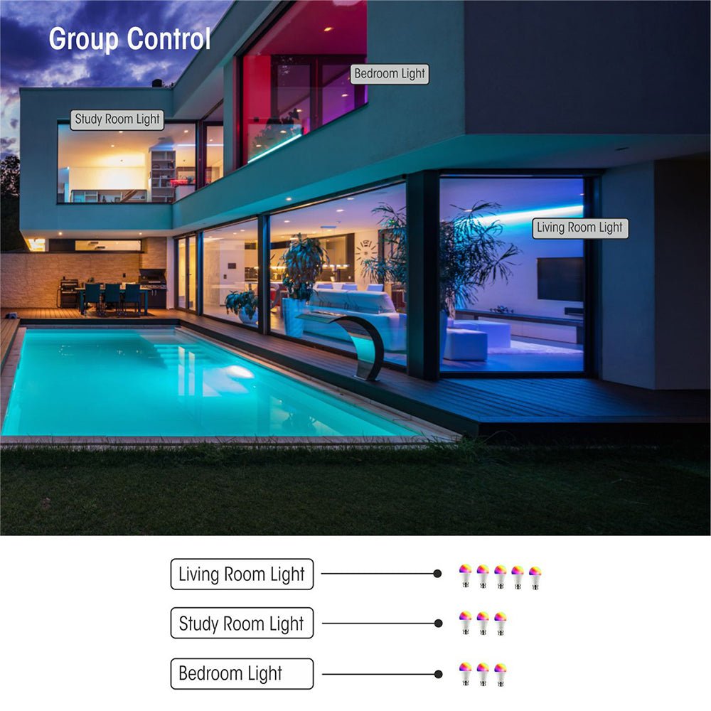 Depiction of group control feature of Smart LED GLS Bulb A60 B22 Bayonet Cap 9W RGB White Pack of 2 Alexa Wifi Smart Life App
