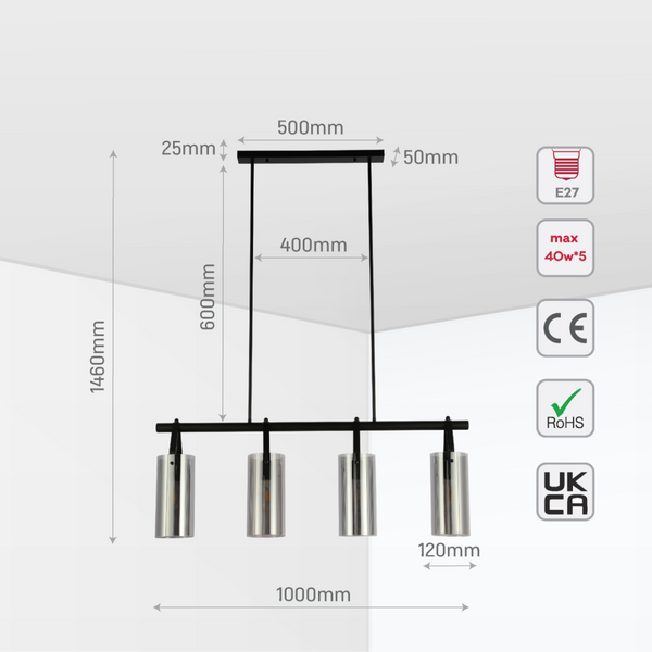 Size and certifications of Smoky Glass Chandelier - Linear & Round Variants, Adjustable Drop 150-19042