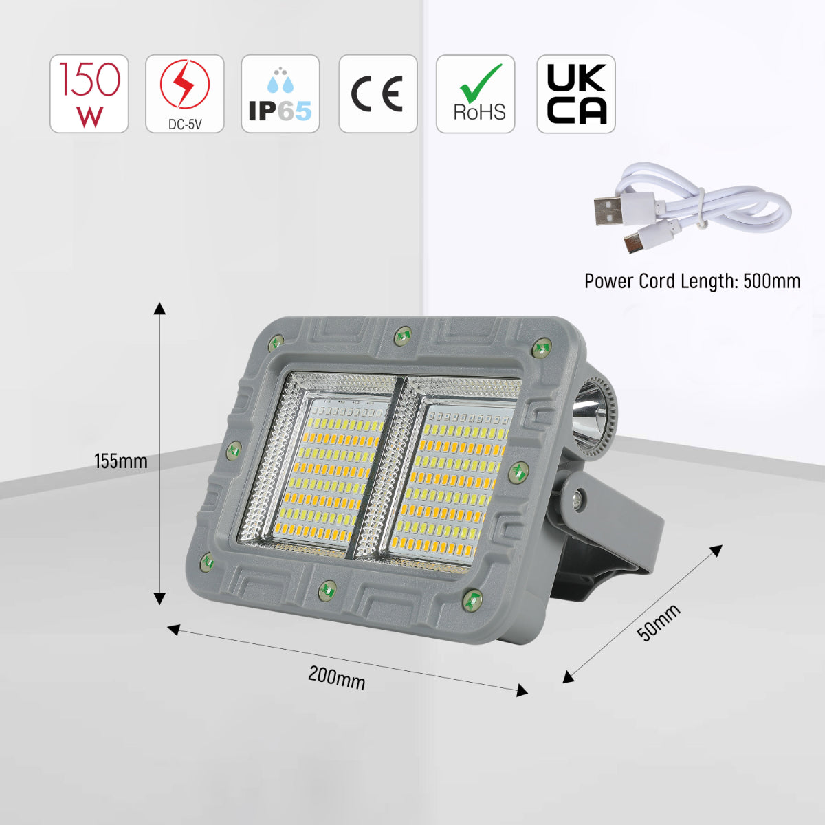 Size and certifications of Solar Rechargeable Emergency Fllodlight 5 in 1 224-03350