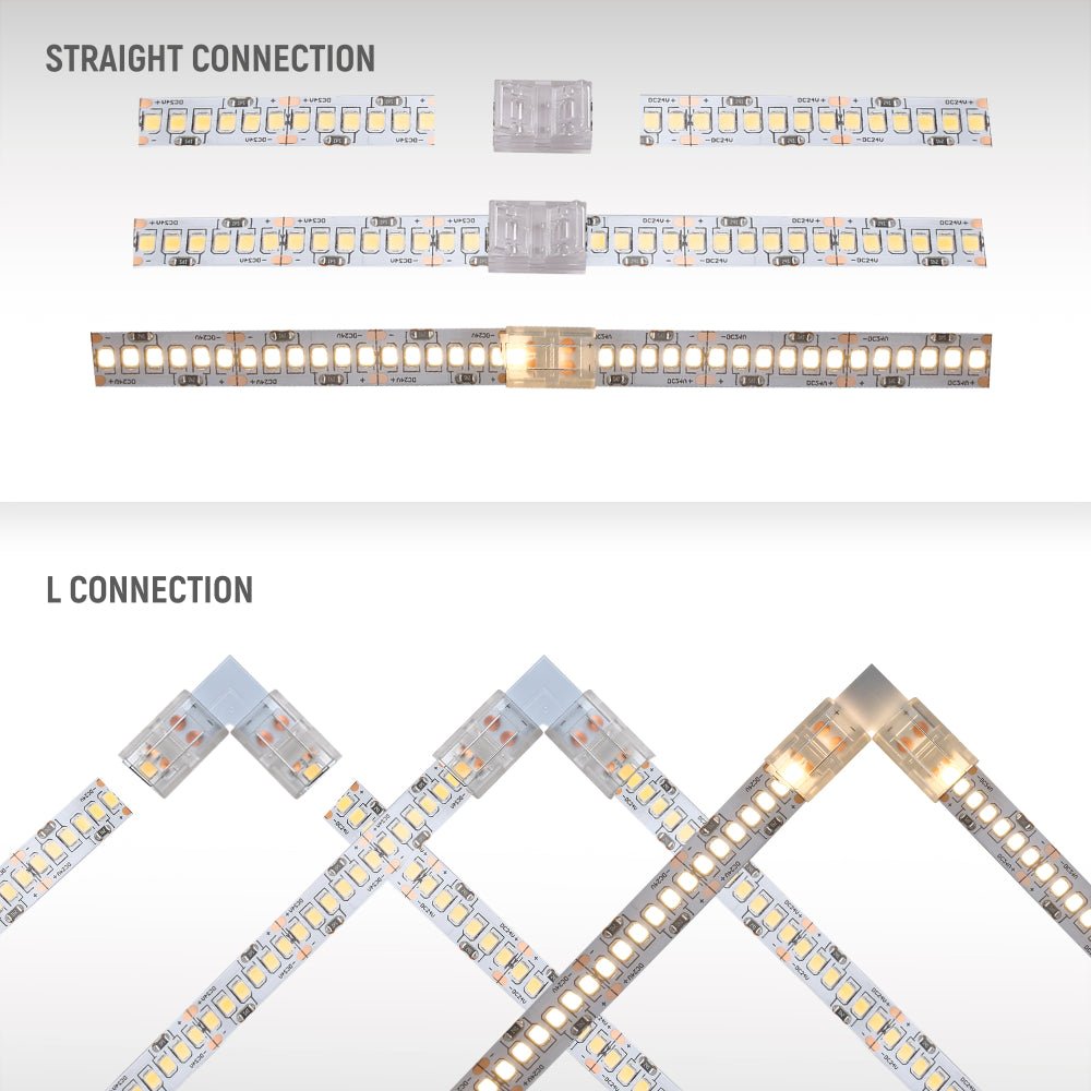 Staright and L connection of LED Strip Light 240pcs 2835 LED 15W 3A 24Vdc 10mm 5m IP20 3000K Warm White 4000K Cool White 6500K Cool Daylight | TEKLED 582-032727