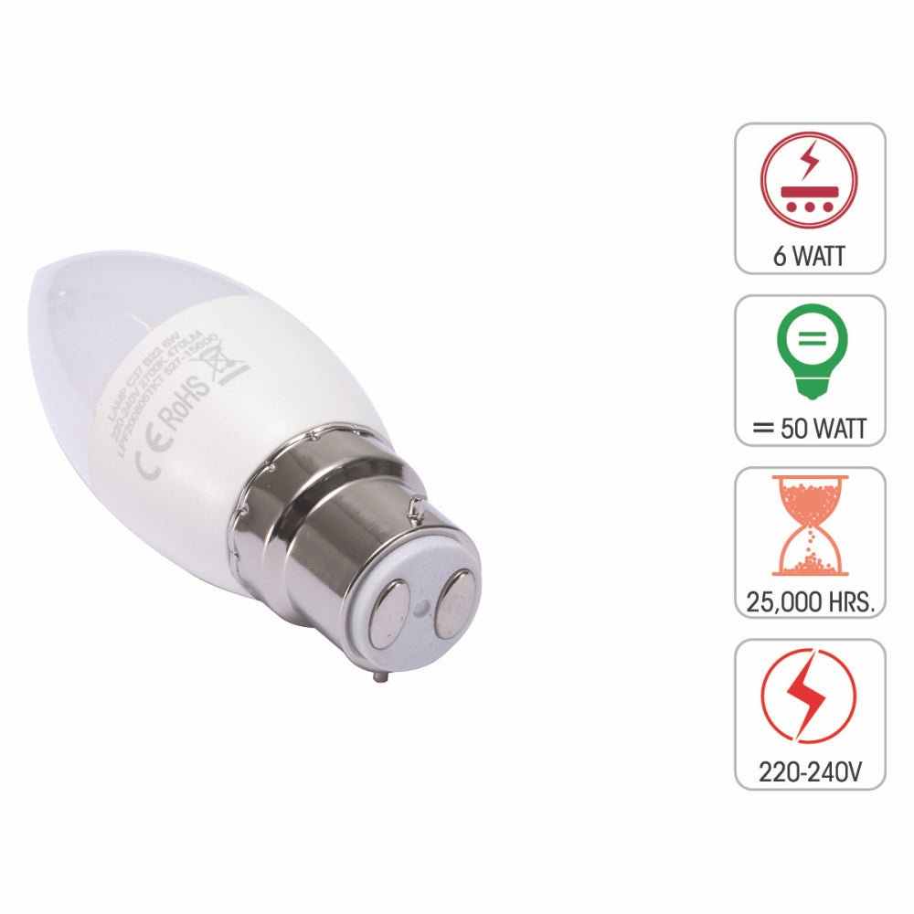 Technical specification of  cetus led candle bulb c37 b22 bayonet cap 6w 2700k warm white pack of 6/10