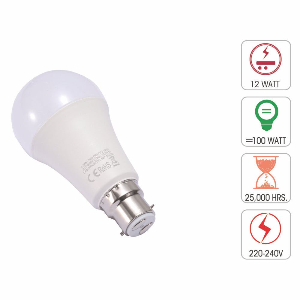 Technical specification of  leo led gls bulb a60 dimmable b22 bayonet cap 12w 2700k warm white pack of 2