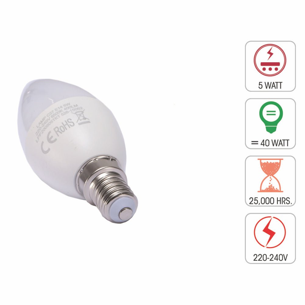 Technical specification of  vela led candle bulb c37 e14 small edison screw 5w 6500k cool daylight pack of 6/10